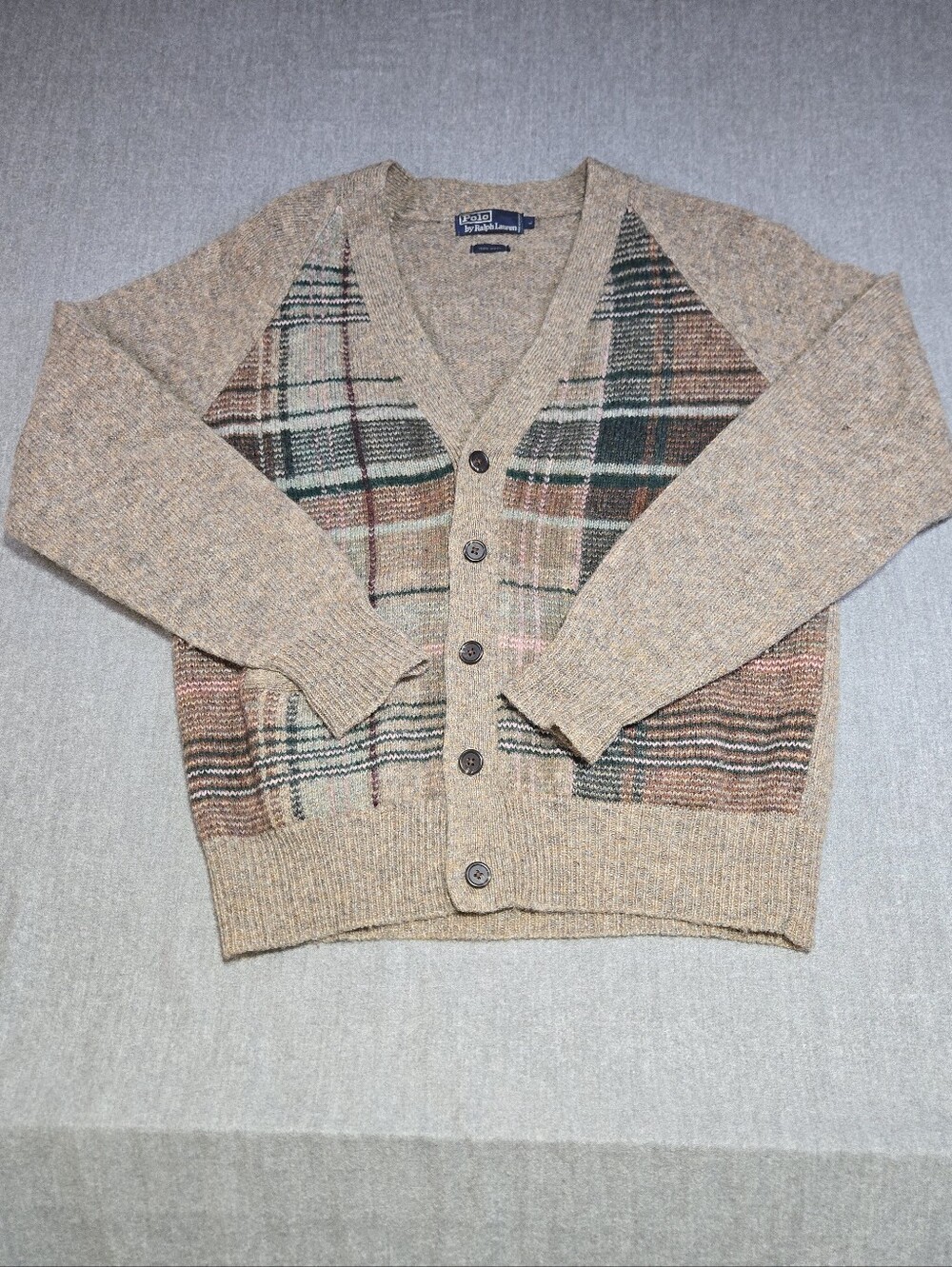 VTG 90s Polo Ralph Lauren 100% Wool Plaid Knit Cardigan Sweater Mens Large Brown